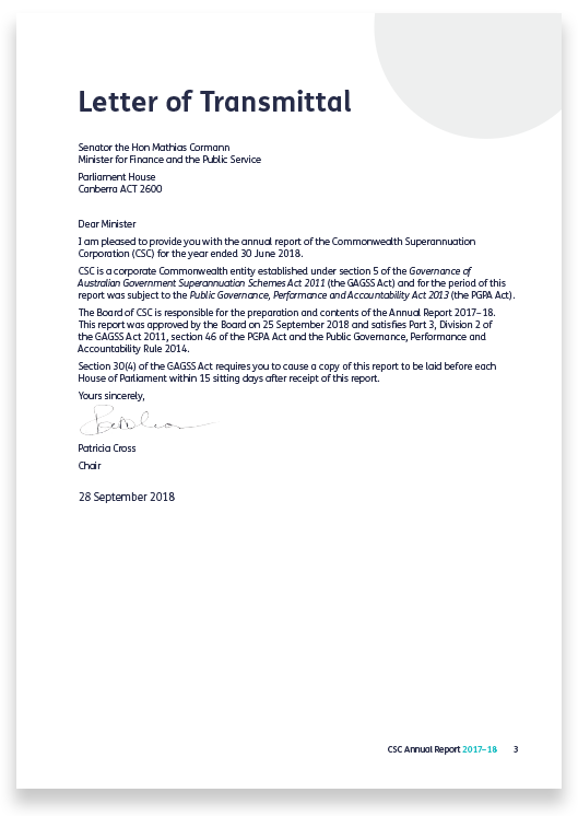 Commonwealth Superannuation Corporation letter of transmittal 